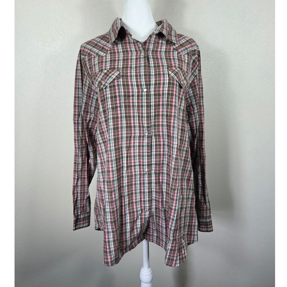Wrangler Woman's Pearl Snap Button Up Long Sleeve Pink & Brown Plaid Shirt XL